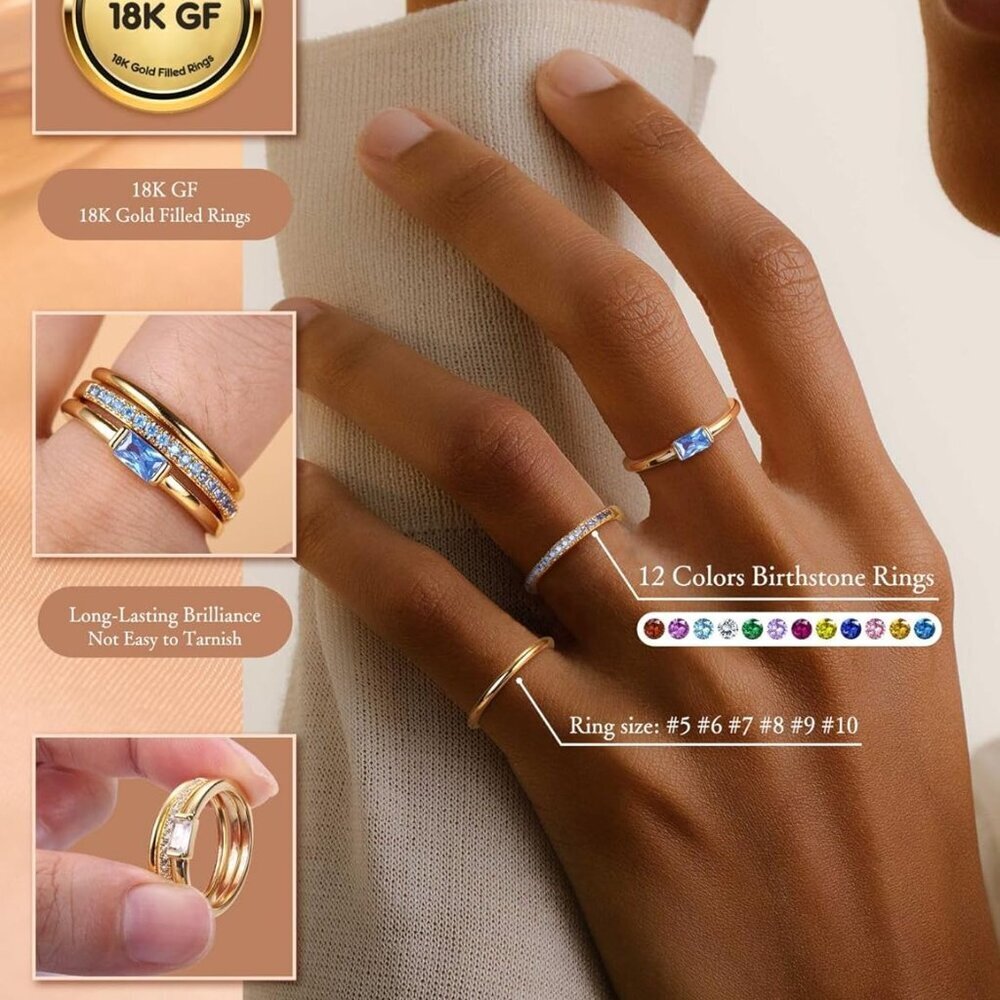 Gold Stackable Birthstone Rings for Women - 18K Gold Filled Non Tarnish Dainty G - Picture 4 of 7